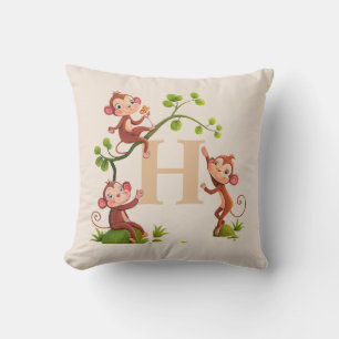 Cute Three Monkeys and Golden Monogram on Beige Throw Pillow