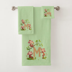 Cute Three Monkeys and Golden Monogram on Green Bath Towel Set