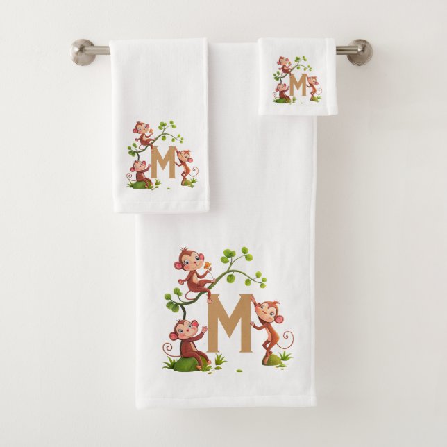 Cute Three Monkeys and Golden Monogram on White Bath Towel Set (Insitu)