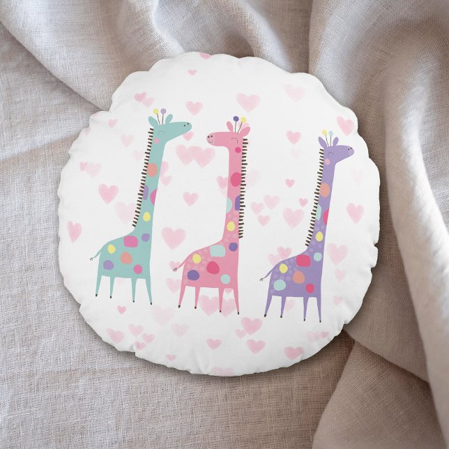 Cute Three Spotted Giraffes on Hearts Kid's Round Pillow (Creator Uploaded)