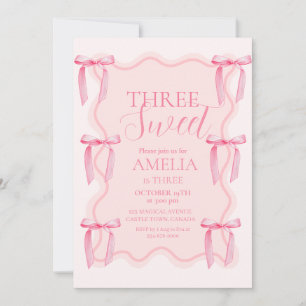 Cute Three Sweet Pink Bow 3rd Birthday Party  Invitation