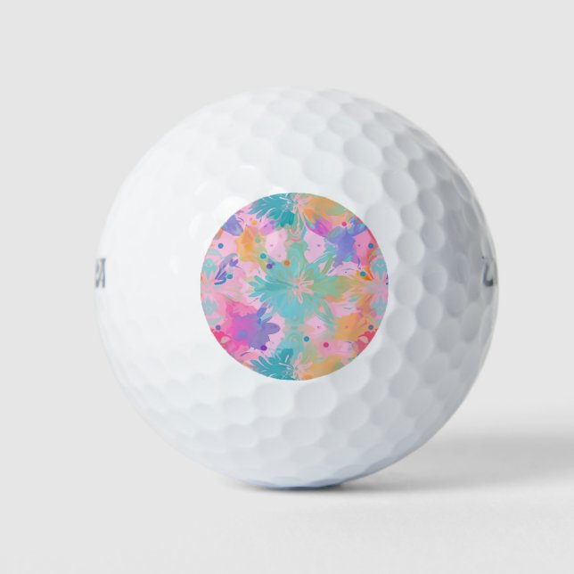 Cute Tie-Dye Stamp Pink Rainbow Flower Pattern Golf Balls (Front)
