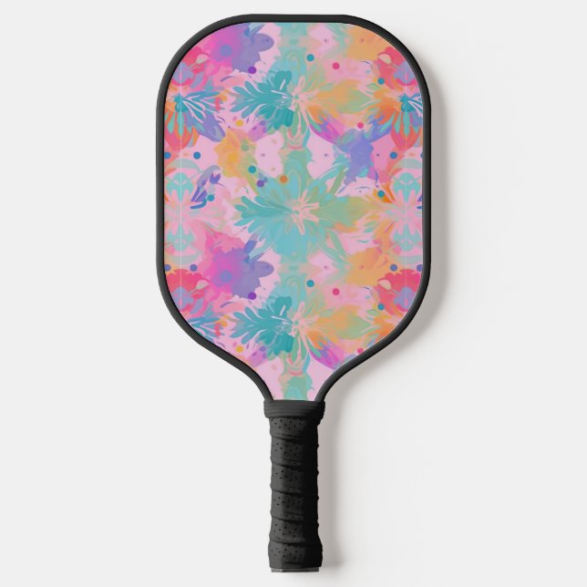 Cute Tie-Dye Stamp Pink Rainbow Flower Pattern Pickleball Paddle (Front)