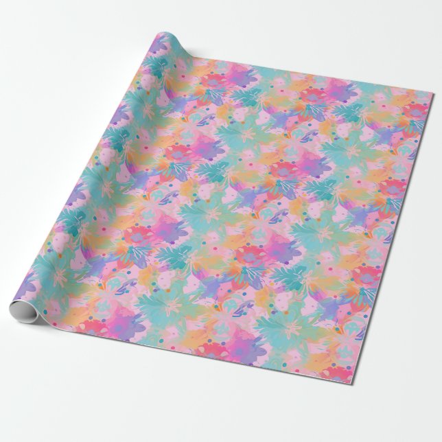 Cute Tie-Dye Stamp Pink Rainbow Flower Pattern Wrapping Paper (Unrolled)