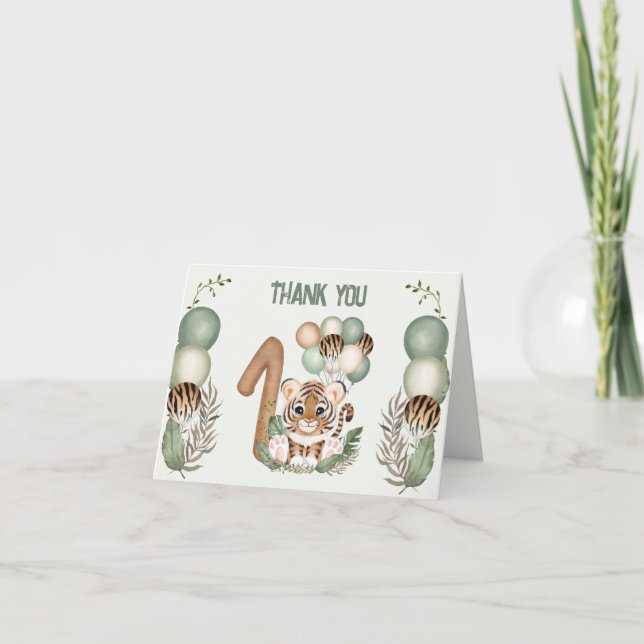 Cute Tiger Boy Safari 1st Birthday Thank You Card (Front)