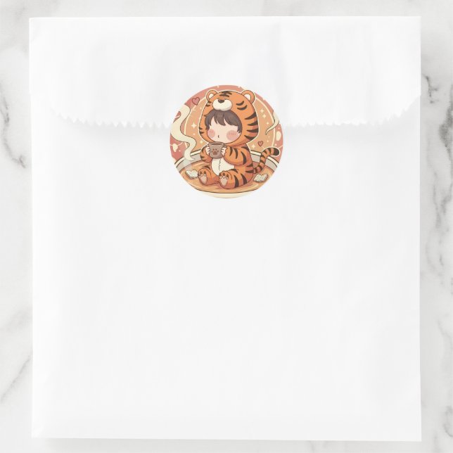Cute Tiger Coffee Book Art Classic Round Sticker (Bag)