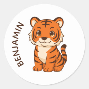 Cute Tiger Cub Custom Name Classic Round Sticker