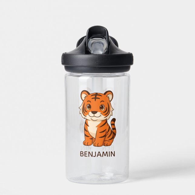 Cute Tiger Cub Custom Name Water Bottle (Front)