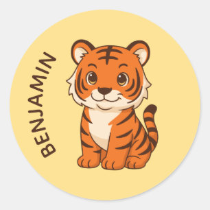 Cute Tiger Cub Custom Name Yellow Classic Round Sticker