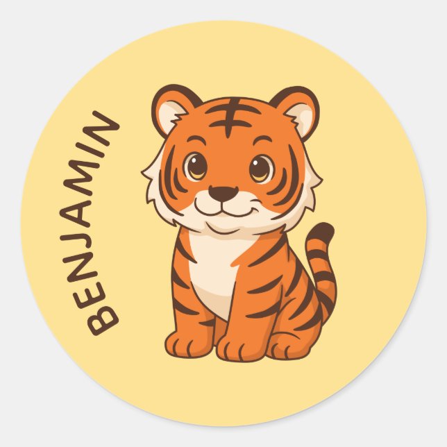 Cute Tiger Cub Custom Name Yellow Classic Round Sticker (Front)