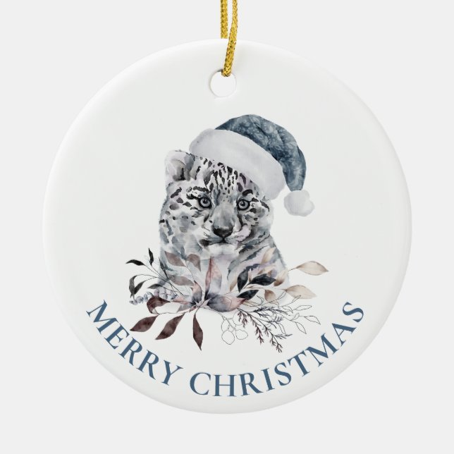 Cute tiger cub in blue Santa hat Merry Christmas Ceramic Ornament (Front)