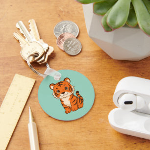 Cute Tiger Cub on Green Keychain