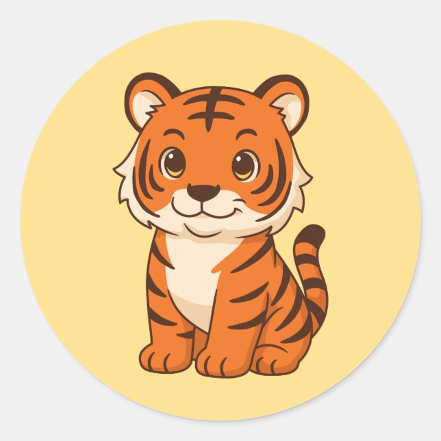 Cute Tiger Cub on Yellow Classic Round Sticker (Front)