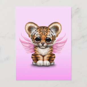 Cute Tiger Cub with Fairy Wings on Pink Postcard