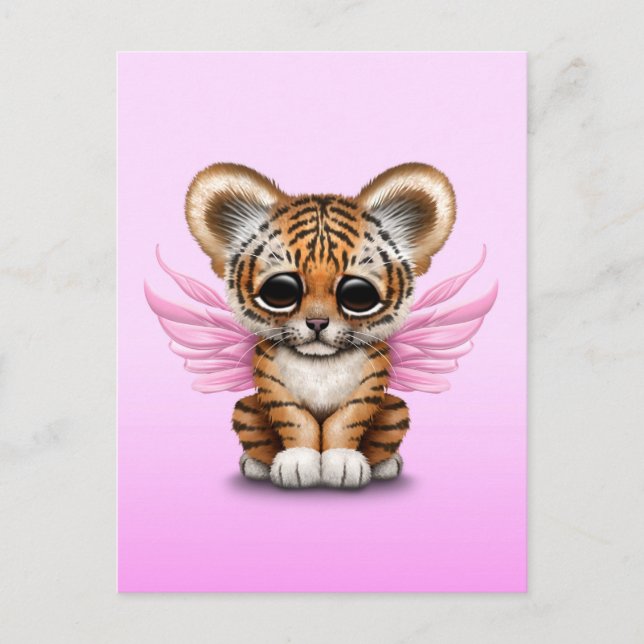 Cute Tiger Cub with Fairy Wings on Pink Postcard (Front)
