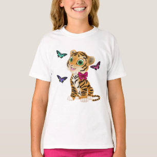 Cute Tiger Cub with Pink Bow & Butterflies T-Shirt