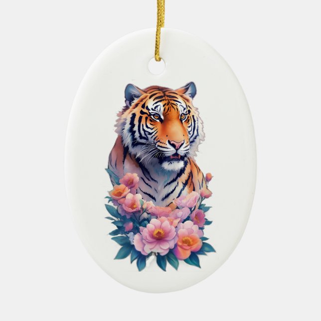 Cute Tiger Flowers  Ceramic Ornament (Front)