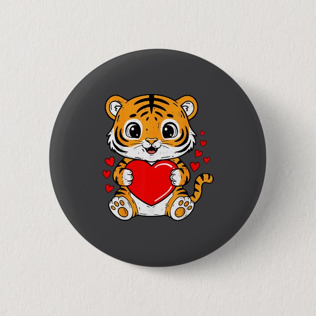 Cute Tiger Holding Heart Kawaii Valentines Day Men 2 Inch Round Button (Front)