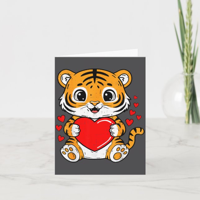 Cute Tiger Holding Heart Kawaii Valentines Day Men Card (Front)