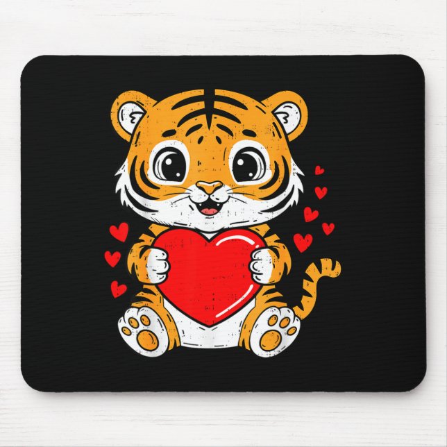 Cute Tiger Holding Heart Kawaii Valentines Day Men Mouse Pad (Front)