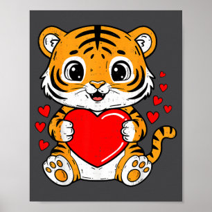 Cute Tiger Holding Heart Kawaii Valentines Day Men Poster
