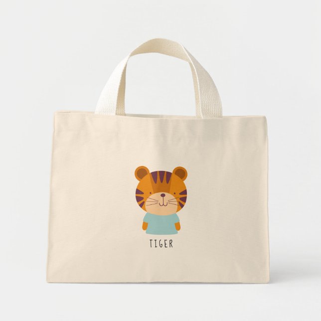 Cute Tiger Illustration - Customizable Name Mini Tote Bag (Front)