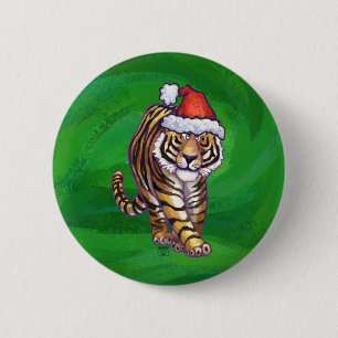 Cute Tiger in Santa Hat On Green 2 Inch Round Button
