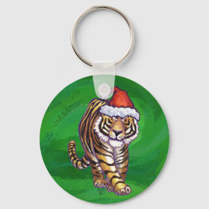 Cute Tiger in Santa Hat On Green Keychain