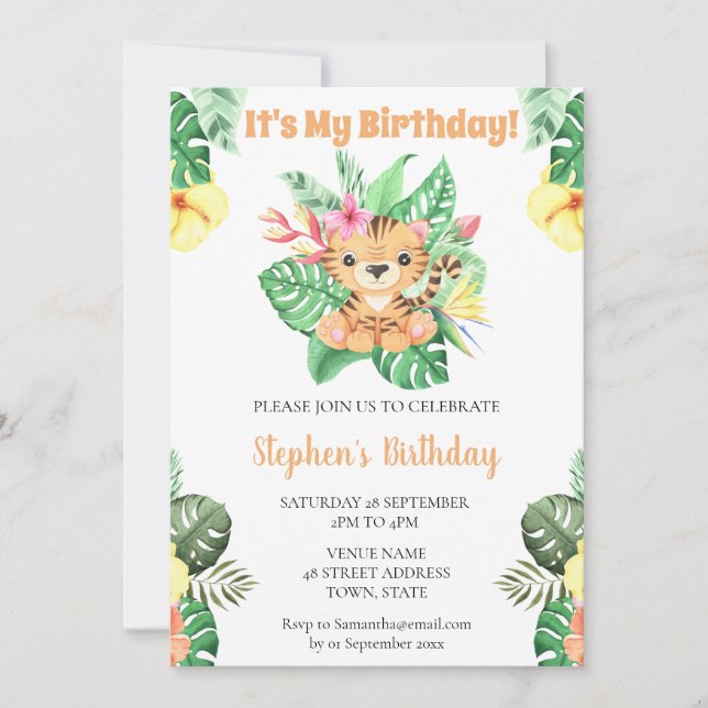 Cute Tiger Jungle Safari Baby Birthday Invitation (Front)