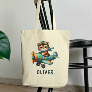 Cute Tiger Kid Flying a Plane Personalized Tote Bag