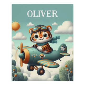 Cute Tiger Kid Flying on Airplane Poster