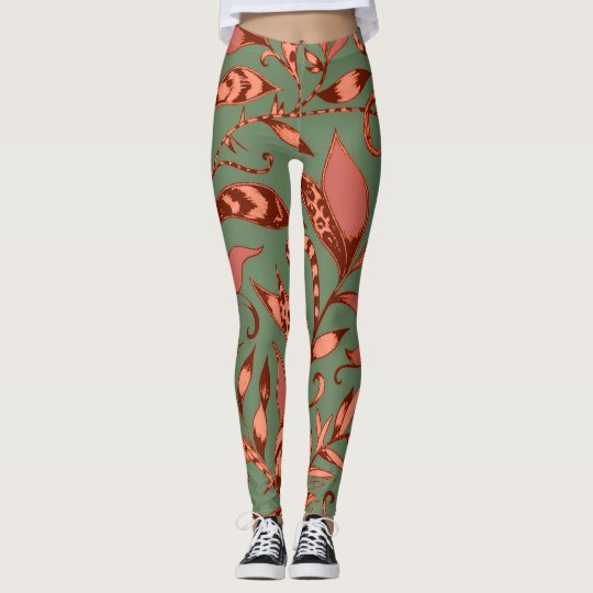 Cute Tiger Lily Floral Pattern in Orange and Green Leggings