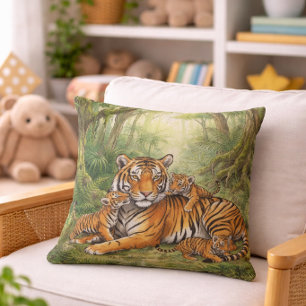 Cute Tiger  Mama And Cubs Jungle Animals  Throw Pillow