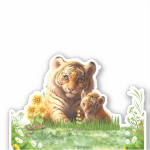 Cute Tiger Mom & Baby Floral Watercolor Custom Cut