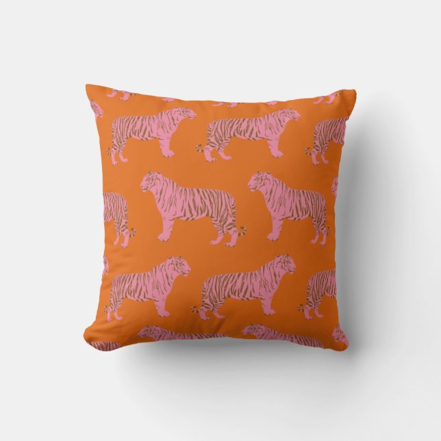 Cute Tiger Pattern in Vibrant Pink and Orange Throw Pillow (Front)