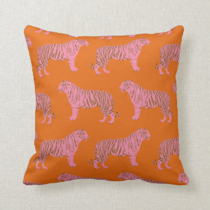 Cute Tiger Pattern in Vibrant Pink and Orange Throw Pillow