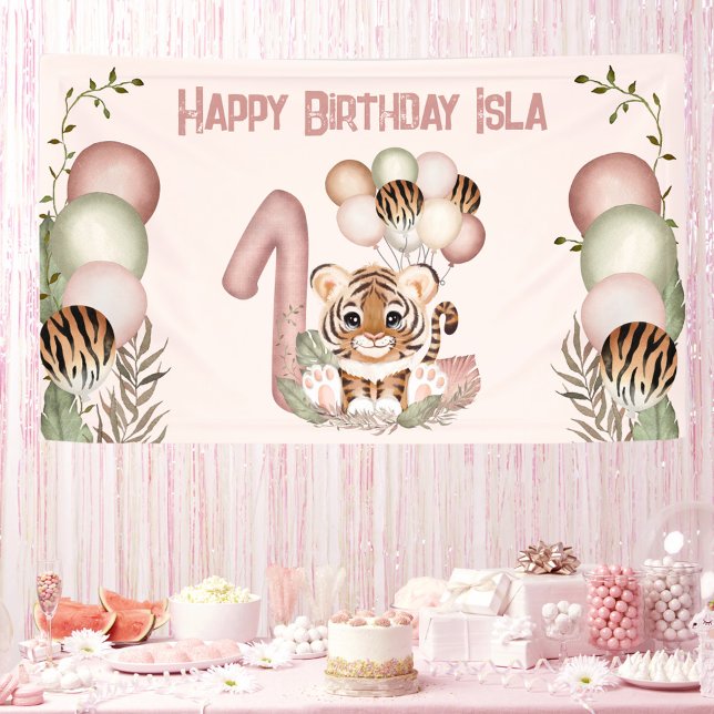 Cute Tiger Pink Girl Safari 1st Birthday Banner (1st Birthday girl party banner with a cute baby tiger)