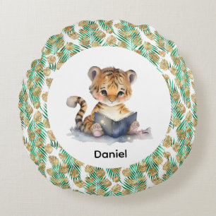 Cute Tiger Reading a Book Round Pillow