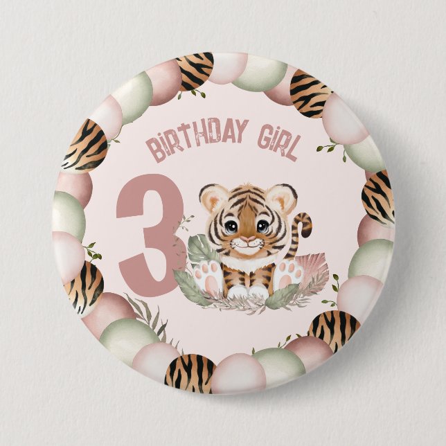 Cute Tiger Safari Birthday Girl button (Front)