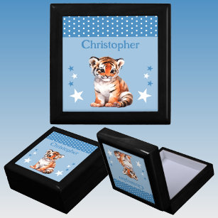 Cute tiger stars add name blue keepsake gift box