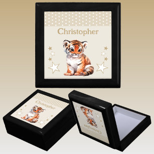 Cute tiger stars add name brown keepsake gift box