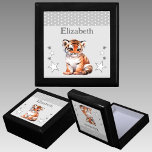 Cute tiger stars add name grey keepsake gift box<br><div class="desc">Keepsake Gift Box for children.
Personalize with a name.
Featuring a cute tiger,  polka dots and stars with the colours grey and white.</div>