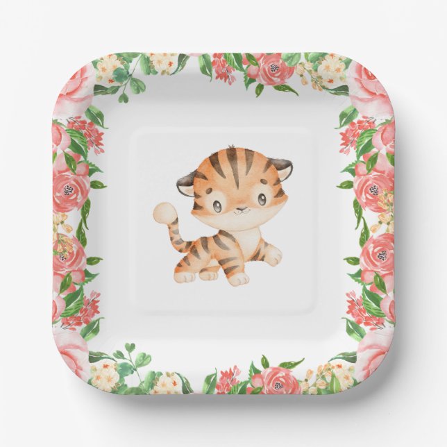 Cute Tiger Watercolor Pink Flowers Paper Plates (Front)