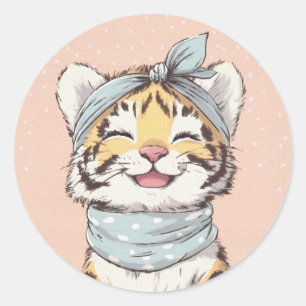 Cute Tiger with Bandana Kids Birthday Invitation Classic Round Sticker