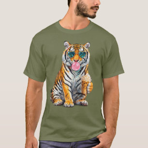Cute Tiger with Iced Coffee and Heart Sunglasses  T-Shirt