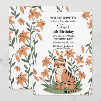Cute tiger with orange lily Personalized Birthday Invitation