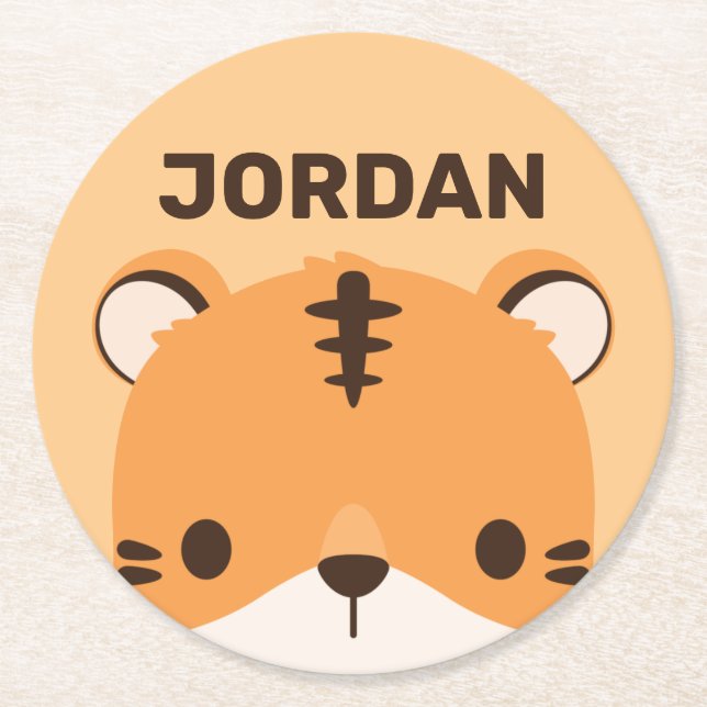 Cute Tiger with Personalized Name Round Paper Coaster (Front)