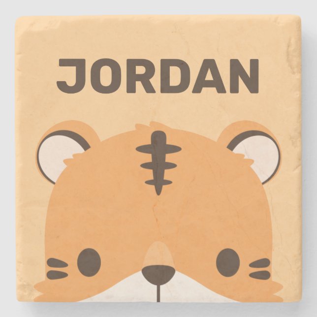 Cute Tiger with Personalized Name Stone Coaster (Front)