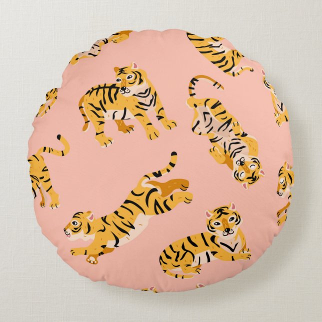 Cute tigers seamless pattern round pillow (Front)