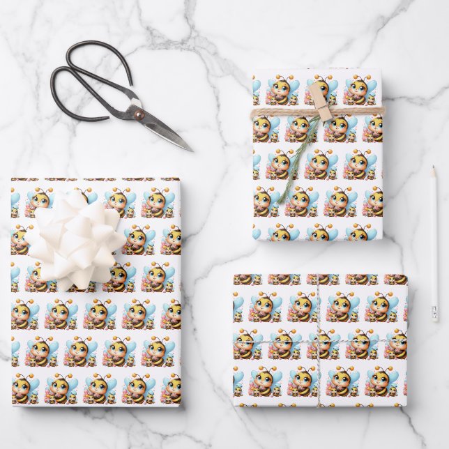 Cute tiled baby bee pattern twin wrapping paper sheet (Front)